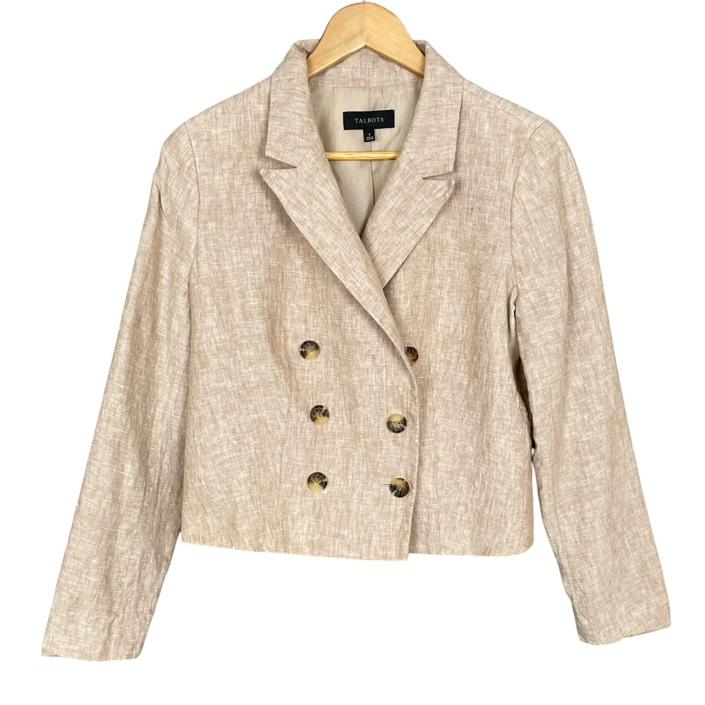 Talbots Beige Linen Double Breasted Crop Blazer Size 8 Coastal Minimalist Career